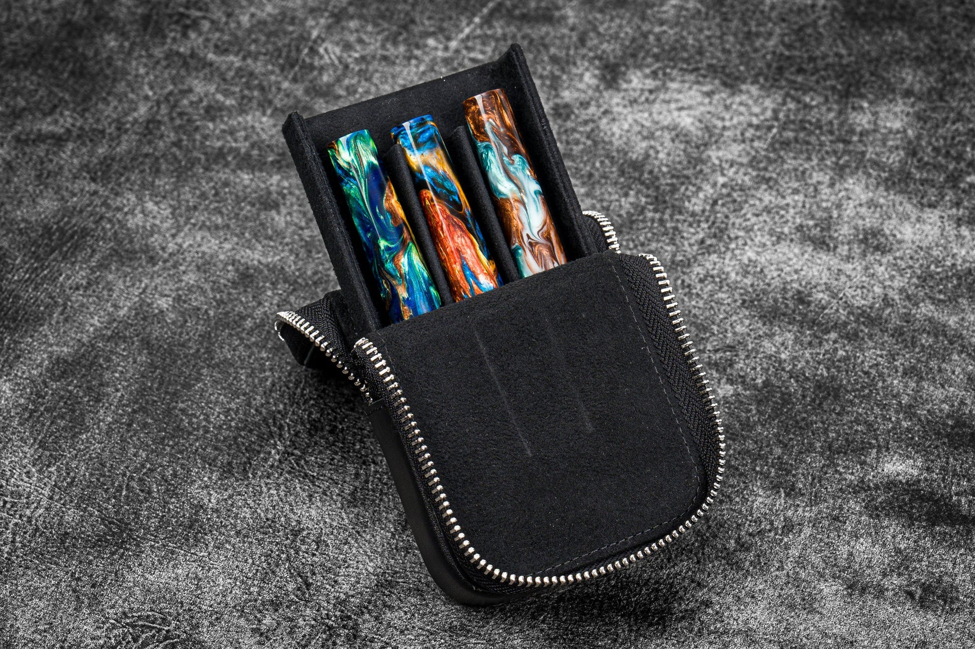 Galen Leather Zippered Magnum Opus 3 Slot Pen Case - Black | Flywheel | Stationery | Tasmania