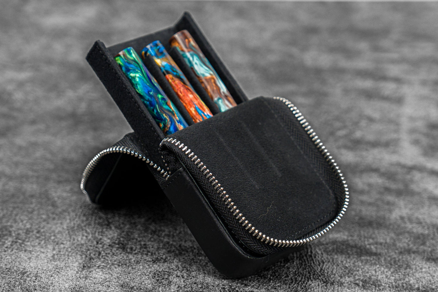 Galen Leather Zippered Magnum Opus 3 Slot Pen Case - Black | Flywheel | Stationery | Tasmania