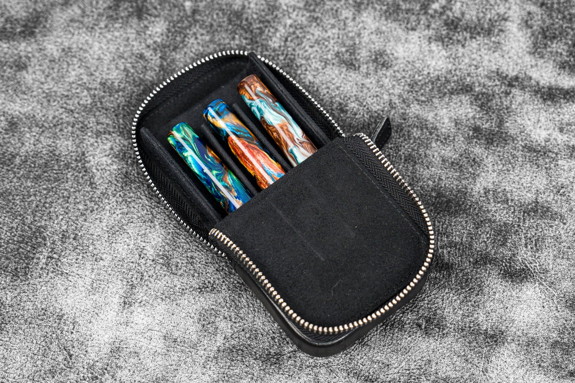 Galen Leather Zippered Magnum Opus 3 Slot Pen Case - Black | Flywheel | Stationery | Tasmania