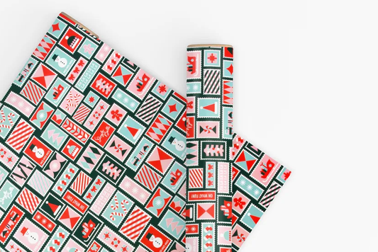 Vandoros 10m Wrapping Paper - Xmas Stamps Dark Green/Pink/Red | Flywheel | Stationery | Tasmania